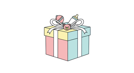 Pastel-Colored Gift Box with Baby Items on Top.