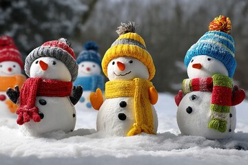 Group of cute funny laughing snowman with wool hat and scarf in the snow. Generative Ai