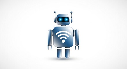 Illustration of a blue robot with a wifi symbol on its chest, standing on a white background.
