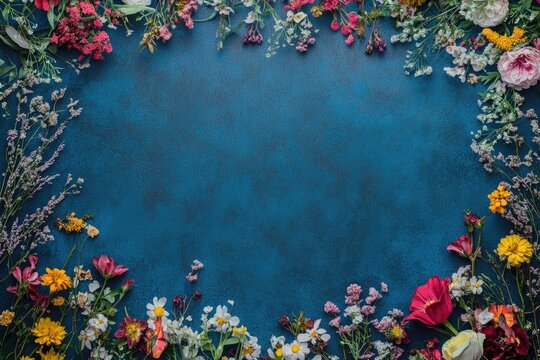 A blue background with small red, white, and yellow flowers on the edges of the canvas, creating an elegant floral border for a photography backdrop.