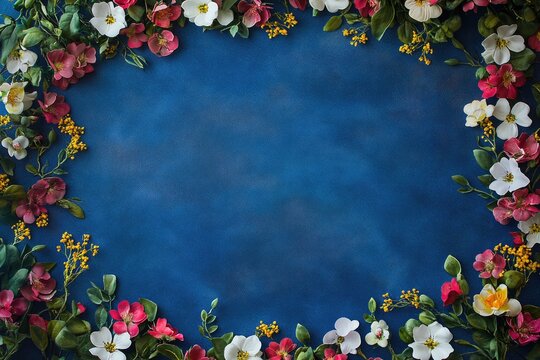 A blue background with small red, white, and yellow flowers on the edges of the canvas, creating an elegant floral border for a photography backdrop.
