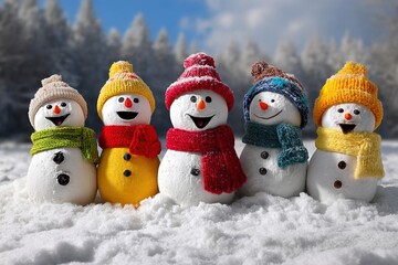 Group of cute funny laughing snowman with wool hat and scarf in the snow. Generative Ai