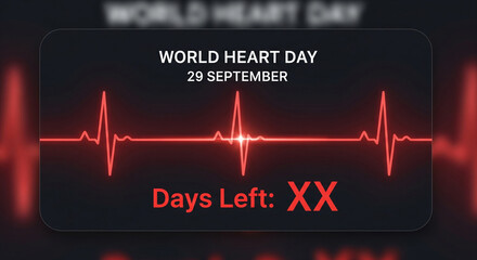 Countdown to World Heart Day September 29th with vibrant ECG heartbeat graphic reminding everyone to prioritize cardiovascular health and wellness