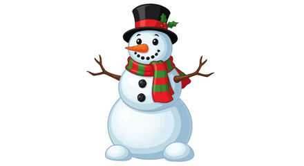 Cheerful cartoon snowman wearing a black top hat and a colorful striped scarf.