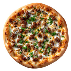 A top-down view of a Pizza Boscaiola. This rustic white pizza is topped with Italian sausage, mushrooms, mozzarella cheese, and fresh parsley.