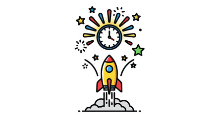 Colorful Rocket Launching with Clock and Stars Icon Illustration.