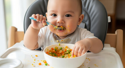 A Baby Enjoying a Meal of First Solids

