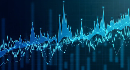 Blue Financial Waveform and Market Volatility Visualization: Stylized Oscillating Line Graphs Representing Price Fluctuations, Signal Analysis, and Trading Data