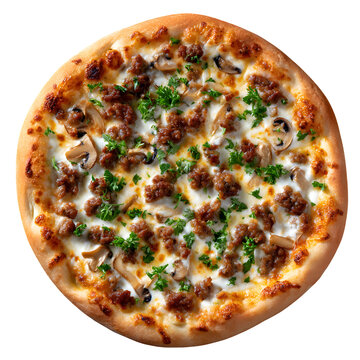 A top-down view of a Pizza Boscaiola. This rustic white pizza is topped with Italian sausage, mushrooms, mozzarella cheese, and fresh parsley.