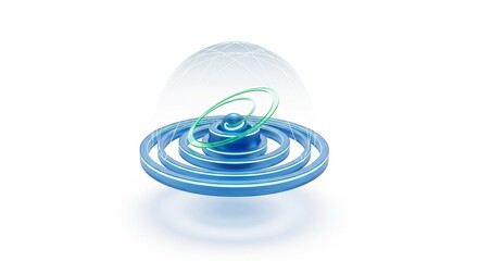 Abstract 3D rendering of a futuristic technological system with concentric blue rings and swirling green energy under a translucent dome.