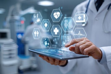 Doctor using digital tablet with medical interface.