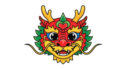 Vibrant Cartoon Chinese Dragon Head Illustration with Horns and Whiskers.