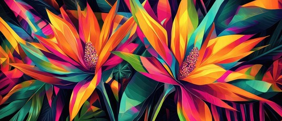 3D render of tropical leaves and bird of paradise flowers seamless pattern, vector illustration, flat design, colorful, high resolution, very detailed, no shadows, high details