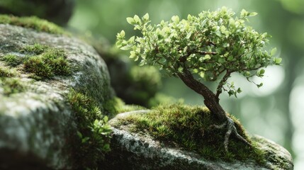 Miniature Bonsai Tree on Mossy Rock in Serene Forest Setting