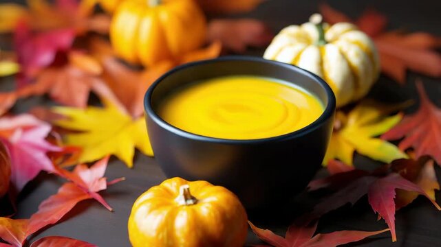 Autumnal display of pumpkin soup amidst vibrant fall leaves and mini gourds