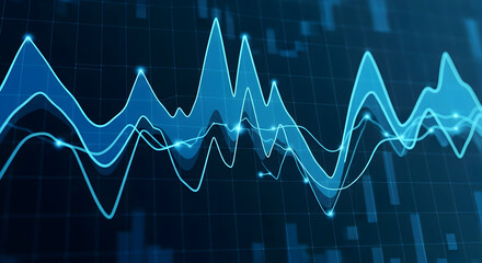 Blue Financial Waveform and Market Volatility Visualization: Stylized Oscillating Line Graphs Representing Price Fluctuations, Signal Analysis, and Trading Data