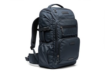 A navy blue backpack with multiple compartments and adjustable straps is displayed against a plain white background.