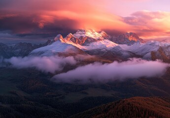 A breathtaking panoramic view of the Dolomites mountain range at sunset, showcasing its majestic peaks and colorful sky in autumn.