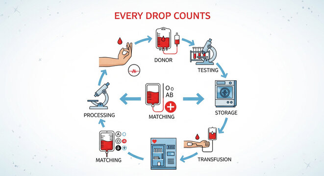 Visualize the vital blood donation process from donor to transfusion, showcasing testing, processing, matching, and storage for life-saving medical procedures.