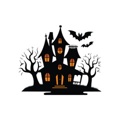 Haunted House Silhouette with Bats and Bare Trees for Halloween