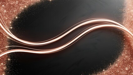 Rose gold light trails curving elegantly across a matte black background, surrounded by radiant glitter particles.