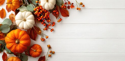Autumn harvest arrangement of pumpkins berries and leaves on white wood.
