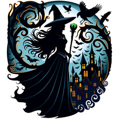 Witch Silhouette with her Magical Staff, surrounded by bats and crows, on creepy halloween moonlight and haunted castle background Vector Illustration 