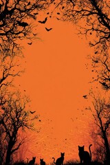 Halloween Night Silhouette of Cats in Spooky Forest.