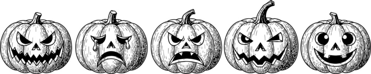 Collection of Halloween pumpkin faces showing different emotions. Black and white ink drawing illustration of carved gourds for holiday design
