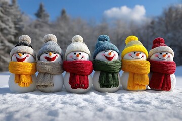 Group of cute funny laughing snowman with wool hat and scarf in the snow. Generative Ai