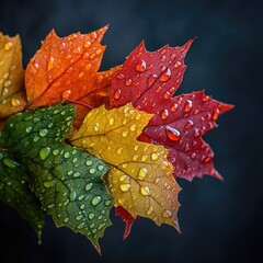 A bunch of maple leaves in the colors red, orange, yellow, green, and brown with water droplets on them. dollar-1 --v 6.1 Job ID: c50c8166-d7f6-4d64-9f03-f7a3cae08ff5