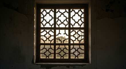 A window with a beautiful, ornate wooden lattice pattern is bathed in bright sunlight, creating a stunning silhouette effect. The intricate geometric design stands out against the glowing background