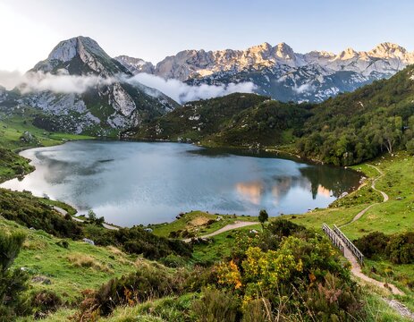Serene mountain lake at dawn