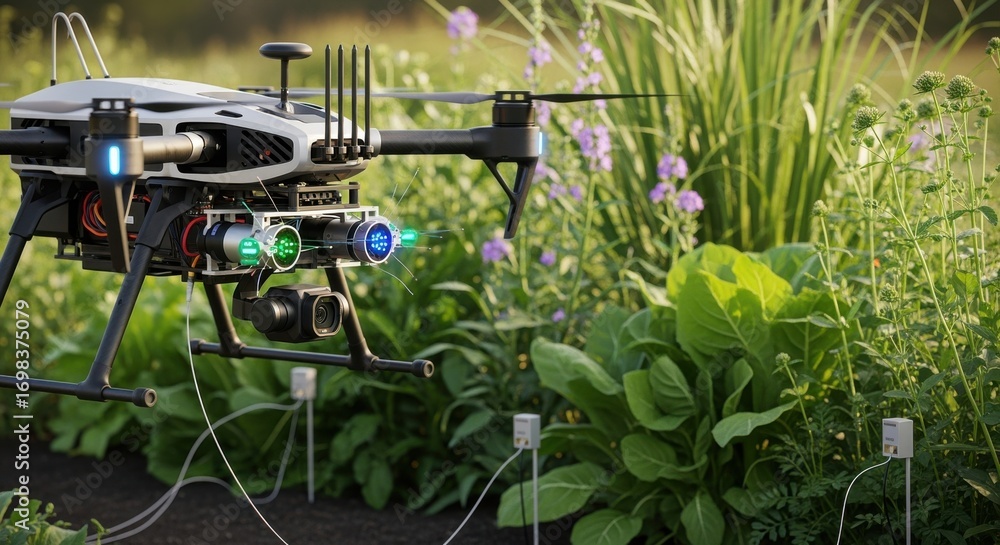 Poster medium shot of a hightech drone hovering near plants equipped with sensors to gather vital informati