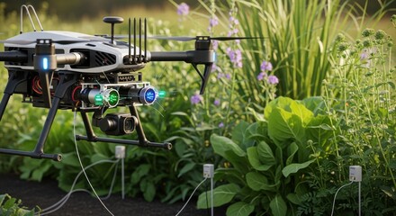 Medium shot of a hightech drone hovering near plants equipped with sensors to gather vital information about soil and vegetation conditions.