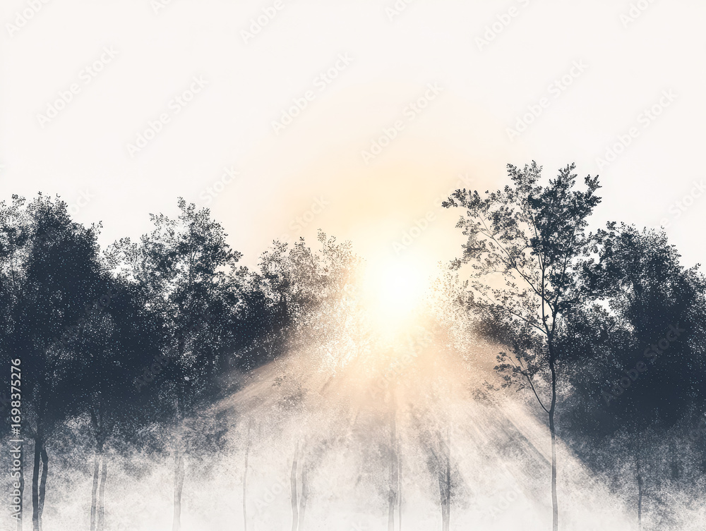 Poster ethereal landscape featuring sun rays piercing through misty forest, creating a serene atmosphere wi