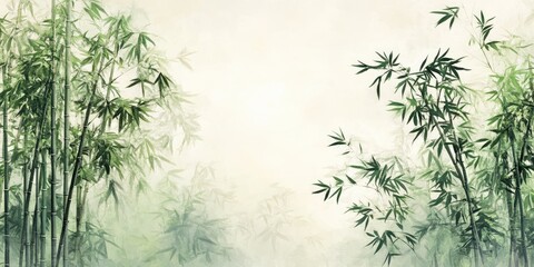 A Chinese style bamboo forest background wall painting, with many tall and thin green bamboo trees in the foreground, painted by an artist from China.