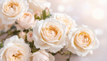 Elegant bouquet of white and peach roses with blurred background and soft lighting