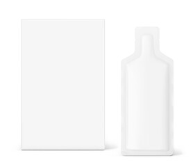 Sachet bag with paperboard box mockup for energy gels, sport nutrition, cosmetics, food. Vector illustration isolated on white background. Front view. Can be use for template your design. EPS10.