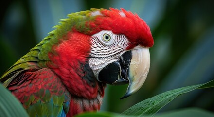 Vibrant Macaw Parrot in Lush Green Tropical Rainforest Foliage