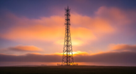 Fototapeta premium This breathtaking long exposure photograph captures a telecommunications tower silhouetted against a vibrant and colorful sunset or sunrise sky