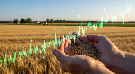 Hands Holding Grain with Overlaid Market Waveform: Agricultural Commodity Pricing, Yield-to-Market Linkage, Farm-to-Market Analytics, Crop Yield Forecasting, and Price Signal Visualization over Harves