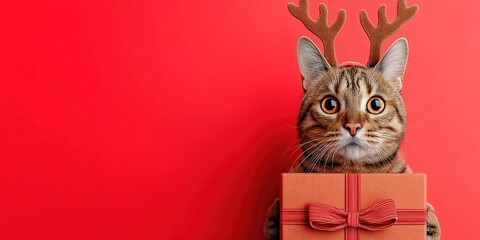 Cat with reindeer antlers, isolated on red background. Merry Christmas winter greeting card. Empty space on the side. Generative Ai