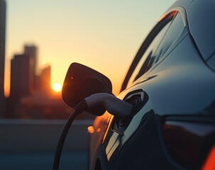 A close-up of an electric car charging, with the sun setting in the background and city buildings visible through its windows. The car's gray color contrasts against the blue sky.