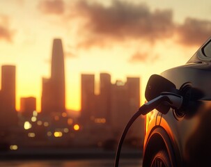 A close-up of an electric car charging, with the sun setting in the background and city buildings visible through its windows. The car's gray color contrasts against the blue sky.