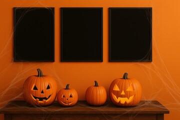 Halloween Frame Mockup with Pumpkin Decorations and Cobwebs on Orange Background