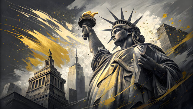Statue of Liberty in New York City with abstract gold accents black