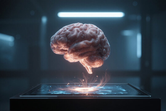 Human brain hologram floats above a glowing blue bloom inside a modern research facility