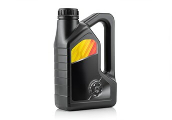 A black plastic container with a vibrant yellow and orange label, highlighting a product intended for machinery or vehicles.