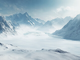 Obraz premium Majestic snow-covered mountains rise dramatically against a clear blue sky, showcasing the serene beauty of a winter landscape with vast icy terrain